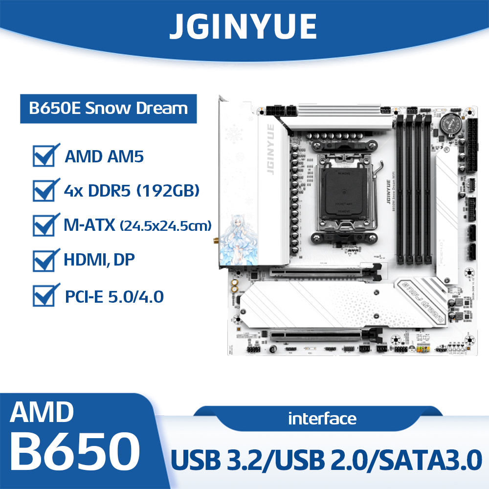 Carte mère JGINYUE B650E Snow  - Am5 Micro Atx Pcie 5.0 Motherboard avis et prix